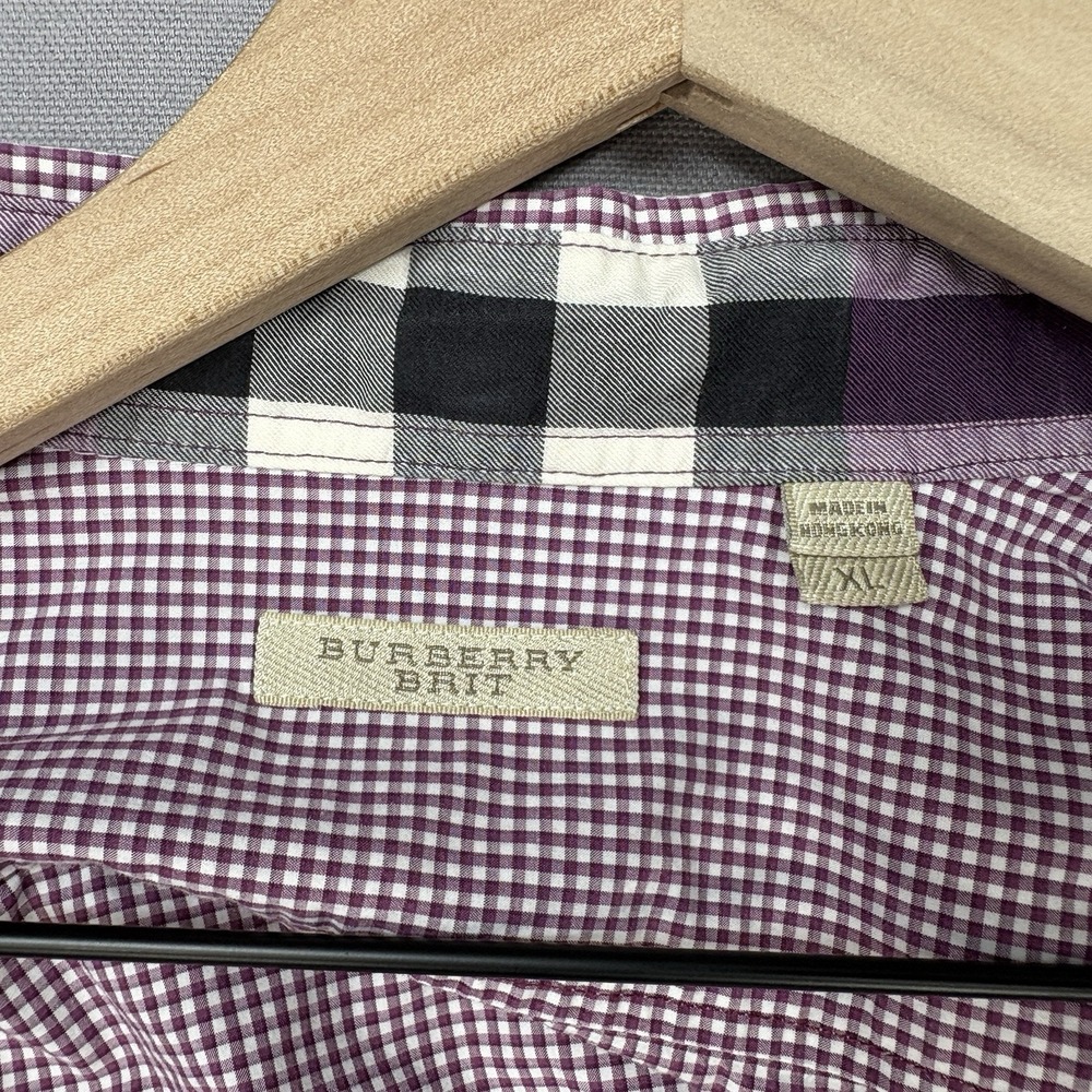 Burberry Brit Button Down Shirt Mens XL Burgundy Gingham Embroidered Logo Pocket - Picture 14 of 16